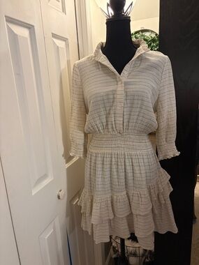 The Shirt by Rochelle Behrens Cream Striped Ruffle-Hem Mini Dress